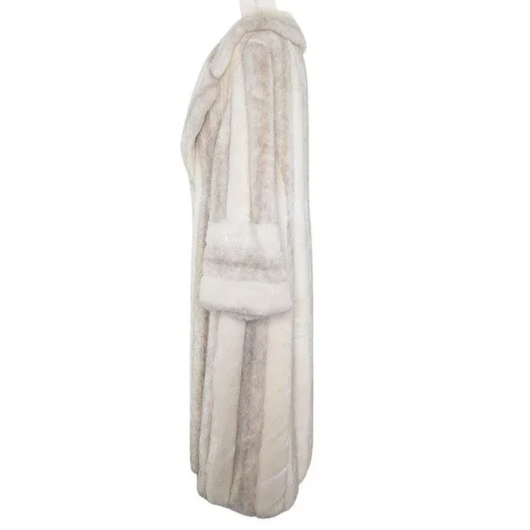 Vintage Faux Fur Long Coat Cream Gray Striped Oversized M/L Mob Wife Maximalist - Picture 5 of 13